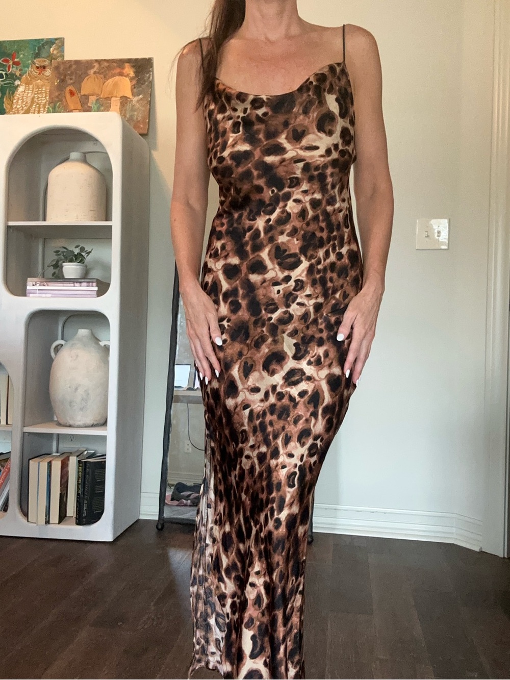Evolutionary Leopard Print Cowl Neck Satin Dress